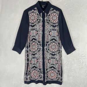Club Monaco Boho 100% Silk Button Down‎ Shirt Dress Size 2 Floral Tribal Preppy